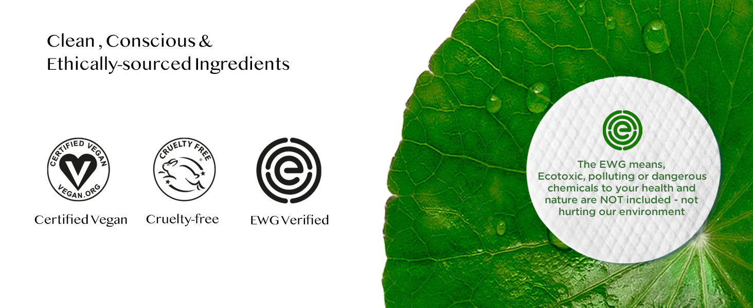 Avarelle's Total Calming Toner Pads, emphasizing cleanliness, conscientiousness, and ethical sourcing. With certifications for certified vegan, cruelty-free, and EWG verified ingredients.