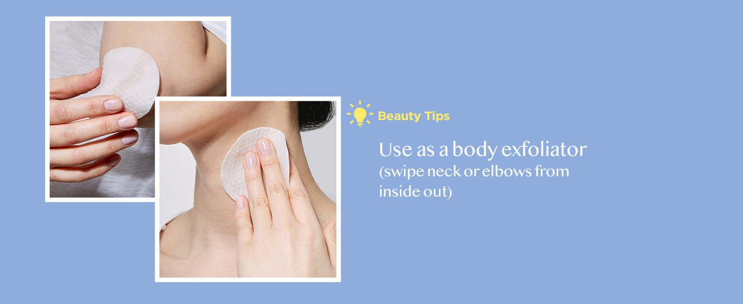Woman using Avarelle Total Calming Toner Pads, a soothing and moisturizing round exfoliating pad infused with Cica oil on her neck and elbow.