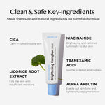 Showcasing a tube of Avarelle’s 10% Niacinamide Brightening Complex cream with key benefits such as its natural ingredients, including tranexamic acid, alpha arbutin, cica oil, and licorice root extract. Highlighting glowing skin improvements and no harmful chemicals.
