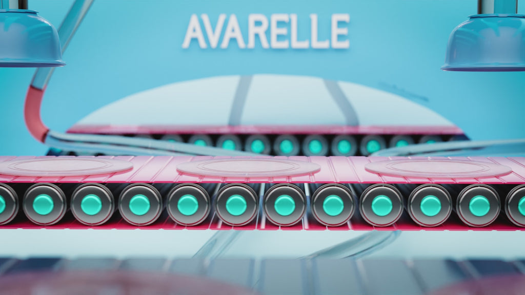 An illustrative rendering of a futuristic factory adorned with Multi-Dart Patch on the signboard named "Avarelle.