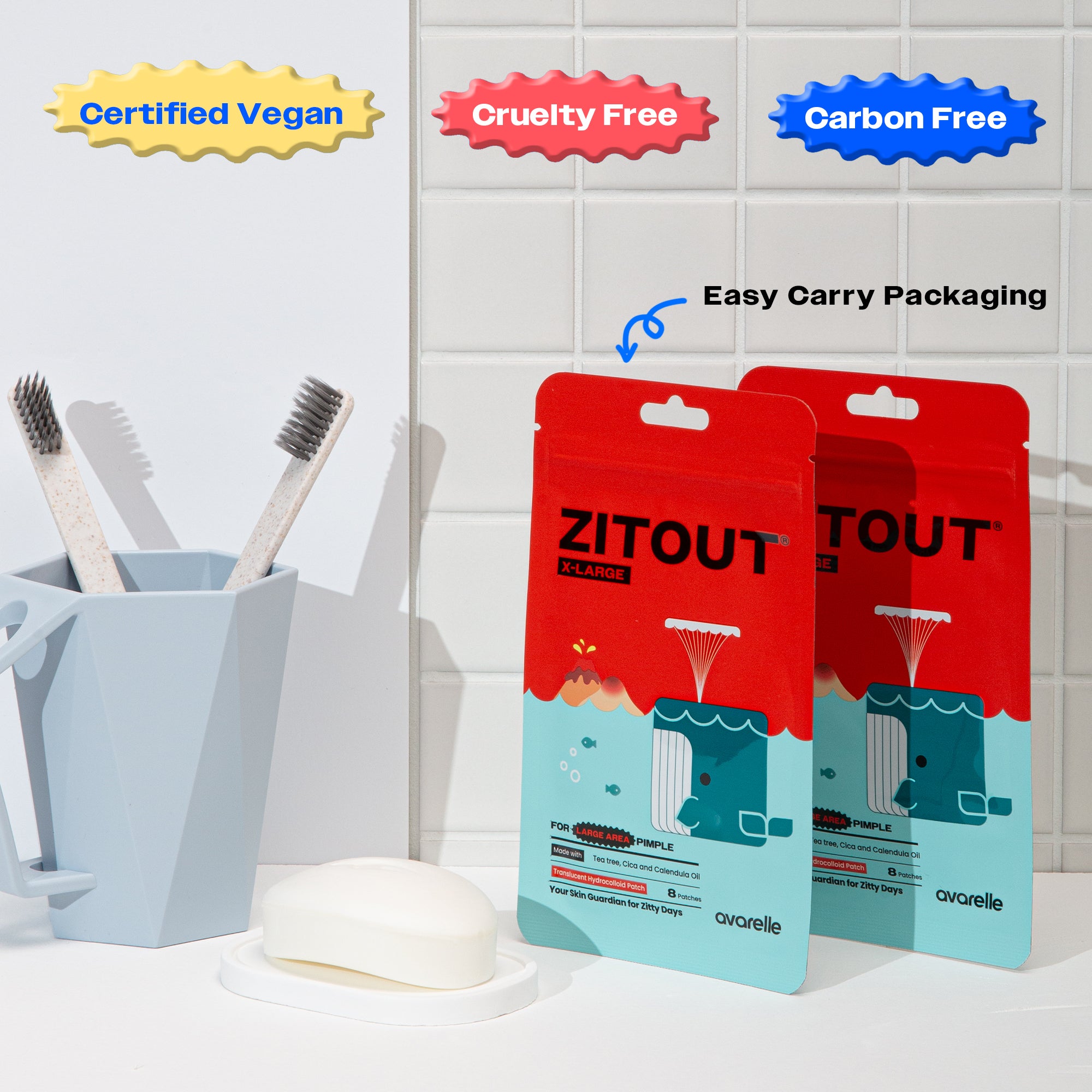 Bathroom countertop with ZitOut X-Large hydrocolloid patches by Avarelle. As well as, toothbrushes, and biodegradable packaging, highlighting that ZitOut X-large is certified vegan, cruelty and carbon free. In addition, that due to its resealable packaging, it is easy to carry while living life.