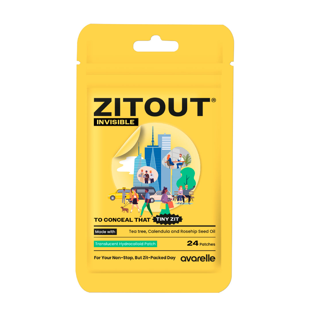 A brightly colored package of Avarelle ZITOUT Invisible (AM) hydrocolloid patches designed for concealing and treating pimples, now featuring transparent hydrocolloid Patch technology.