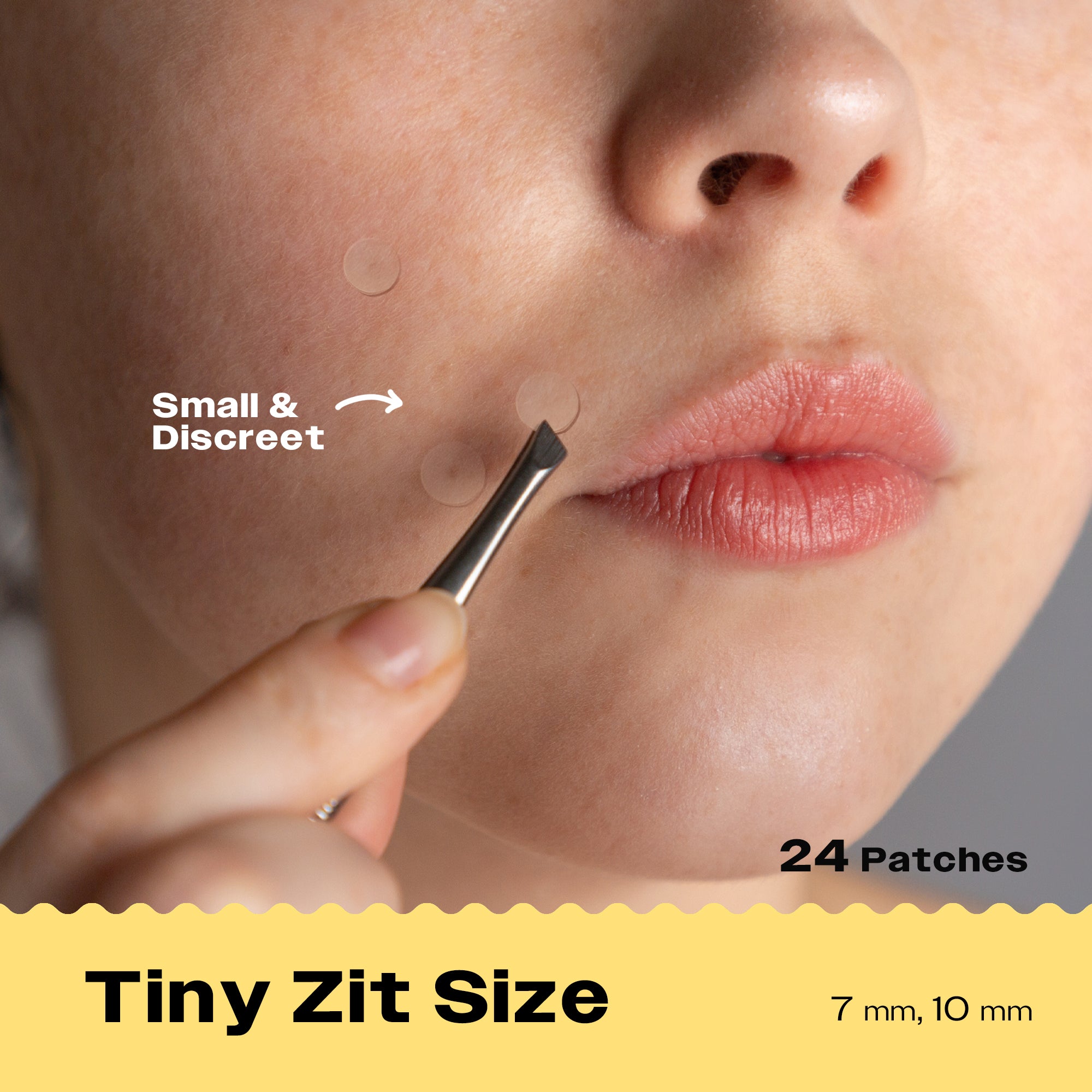 A person using a tweezer to apply a small invisible acne patch to their face, highlighting the discreet size and transparency of ZITOUT Invisible (AM) by Avarelle. She has three more patches already applied to her face, with two different sizes.  In addition, emphasizing 24 patches that are included in each pouch.