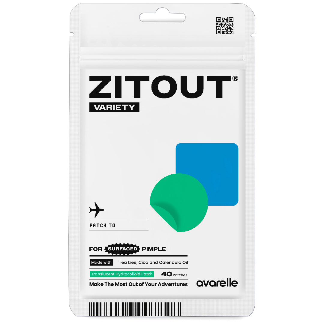 Package of Avarelle's ZITOUT Variety Traveler's Pack 40CT pimple patches for different sized pimples, with tea tree oil and calendula oil ingredients.