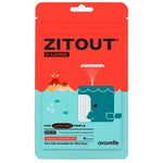 Front side of the ZitOut X-Large Pimple Patch by Avarelle. Denoting key ingredients such as tea tree, cica, and calendula oils. Stating, "Your Skin Guardian for Zitty Days" Wuth two volcano shaped pimples, where a xl pimple patch shaped whale heading for it.